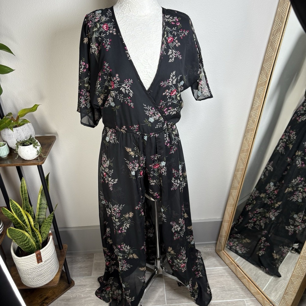 Stilletto's Women L Black Maxi Romper Dress Floral Boho Chiffon Sheer Flowy
